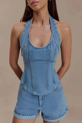 Top halter con corsé de Denim Meadow – Azul clásico