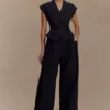 Pantalones de lino de talle medio y pierna ancha Raya – Negro