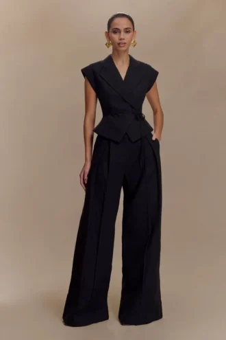 Pantalones de lino de talle medio y pierna ancha Raya – Negro