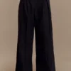 Pantalones de lino de talle medio y pierna ancha Raya – Negro