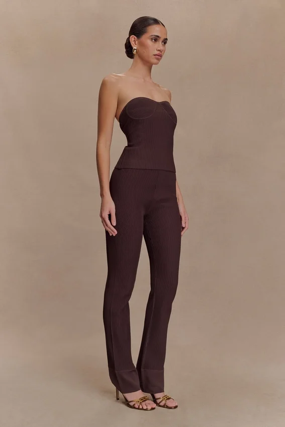 Pantalones de punto acanalado Elodie – Chocolate Pantalones de punto acanalado Elodie – Chocolate