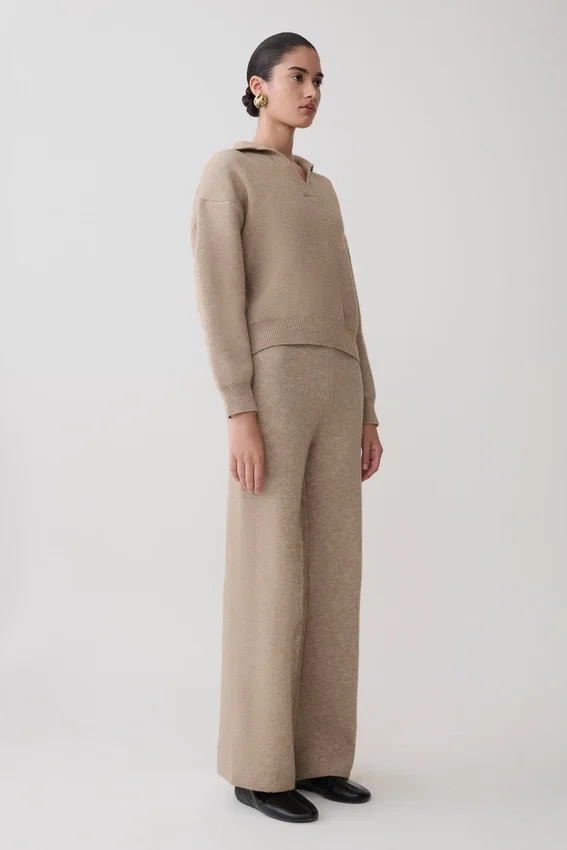 Pantalones de punto de pierna ancha Evan – Beige jaspeado Pantalones de punto de pierna ancha Evan – Beige jaspeado