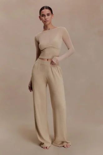 Pantalones de punto fruncidos de mezcla de seda Frannie – Arena