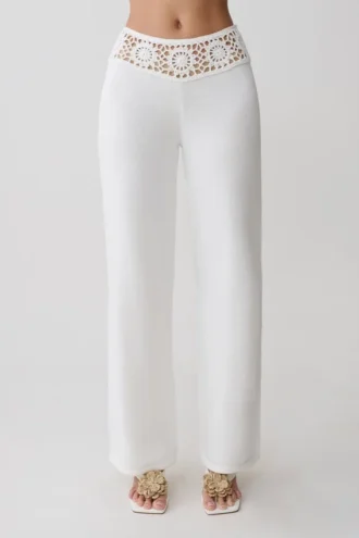 Pantalones rectos con cintura de ganchillo Miley – Marfil