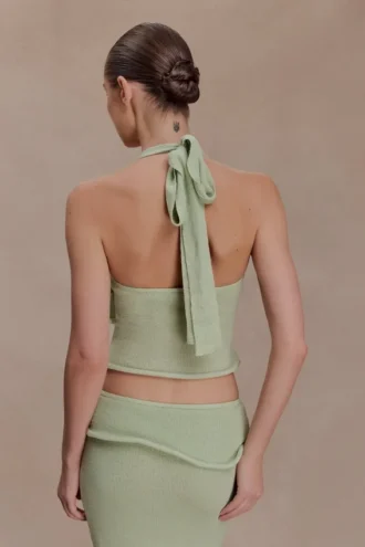 Partes de arriba de punto con cuello halter y detalle retorcido Samira – Verde pastel