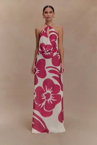 Falda larga de gasa Katalina – Estampado Deco Fleur rojo