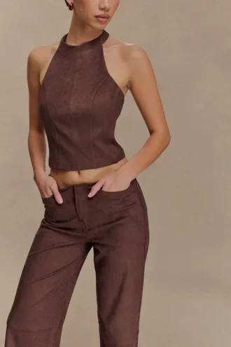 Partes de arriba halter de imitación de ante Logan – Chocolate oscuro