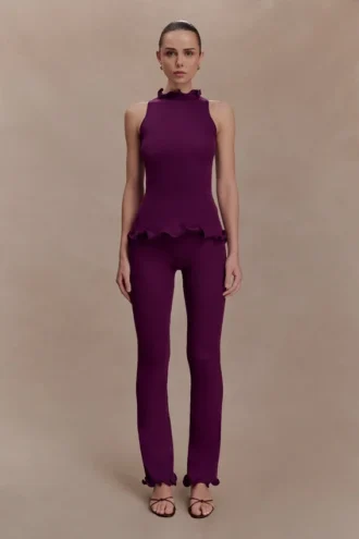 Pantalones de cintura alta acanalados Diya con dobladillo de alambre – Ciruela
