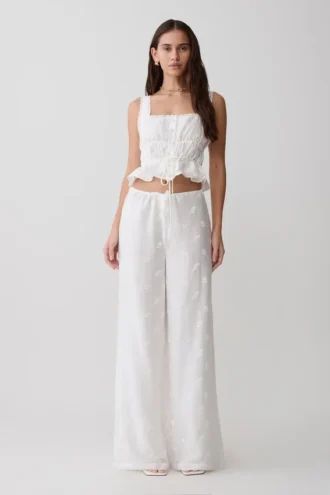 Pantalones bordados con lazo en la cintura Vivian – Blanco