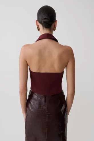 Partes de arriba sin mangas con cuello Calla y escote halter – Merlot