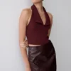 Partes de arriba sin mangas con cuello Calla y escote halter – Merlot