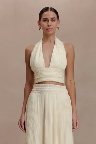 Partes de arriba sin mangas con cuello halter plisado Amaris – Limón