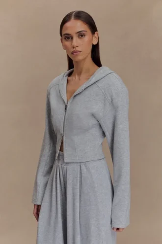 Sudadera con capucha y cremallera Quinn – Gris claro jaspeado