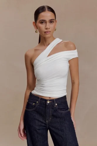 Top Anna de modal con un solo hombro – Blanco