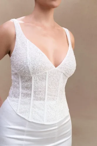 Top bustier con perlas Elsie – Blanco