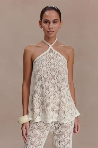 Top con cuello halter de croché Corey – Marfil