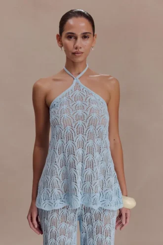 Top de cuello halter de croché Corey – Azul claro