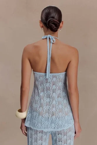 Top de cuello halter de croché Corey – Azul claro