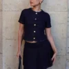 Top de Denim de manga corta con botones Bethany – Azul índigo lavado
