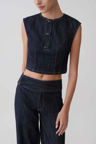 Top de denim sin mangas Loraine – Rayas finas índigo