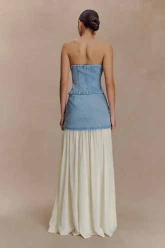 Top de denim sin tirantes con pespuntes Tully – Azul de los 80
