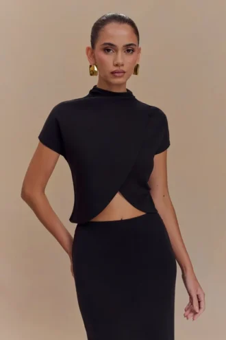 Top de jersey scuba de cuello alto Eris – Negro