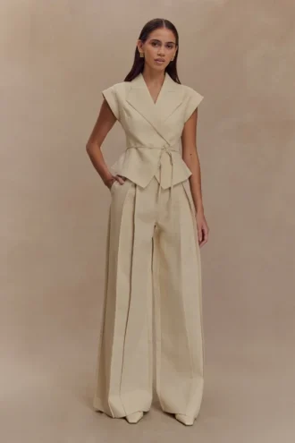 Pantalón de lino de talle medio y pierna ancha Raya – Beige natural