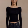 Top de manga larga de punto elástico de lana merino Paedyn – Negro Top de manga larga de punto elástico de lana merino Paedyn – Negro