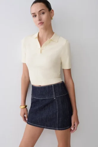 Falda Denim de talle medio Loraine – Rayas diplomáticas índigo