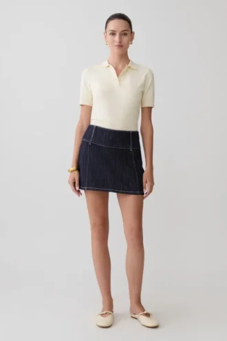 Falda Denim de talle medio Loraine – Rayas diplomáticas índigo