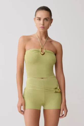 Top de punto con cuello halter y detalles metálicos de Dimitri – Verde oliva claro