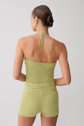 Top de punto con cuello halter y detalles metálicos de Dimitri – Verde oliva claro