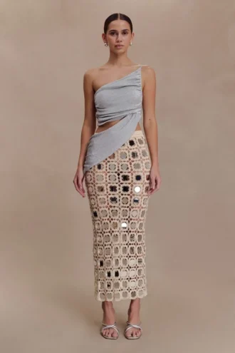 Falda midi de punto espejado Noel – Beige