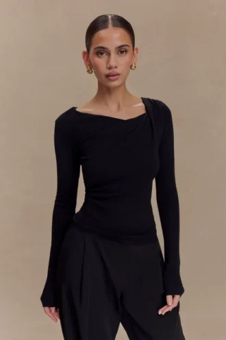 Top de punto drapeado y retorcido Culver – Negro
