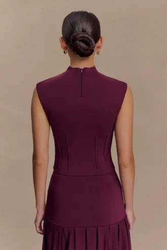 Top de punto vendaje de cuello alto Romaine – Burdeos
