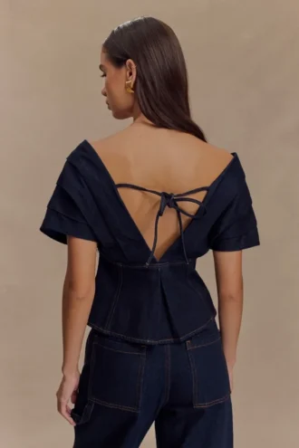 Top Denim con hombros al aire Rayne – Azul índigo