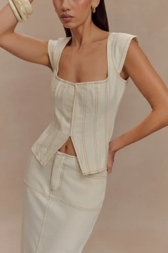 Top Denim de manga casquillo Loretta – Crudo
