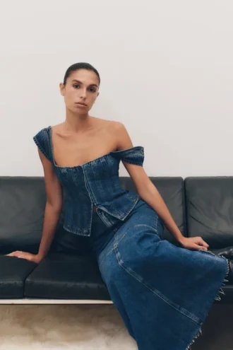 Top Denim de manga corta Loretta – Azul oscuro lavado