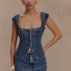 Top Denim de manga corta Loretta – Azul oscuro lavado