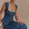 Top Denim de manga corta Loretta – Azul oscuro lavado