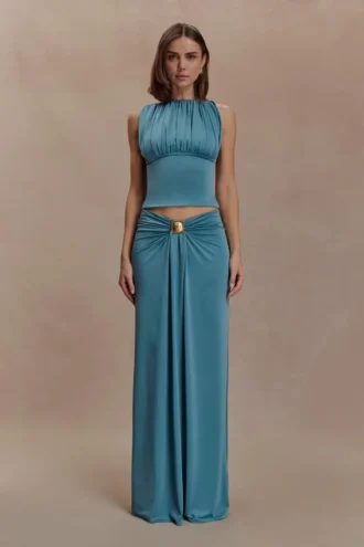 Falda maxi fruncida y fluida Erina con detalles metálicos – Verde azulado Falda maxi fruncida y fluida Erina con detalles metálicos – Verde azulado