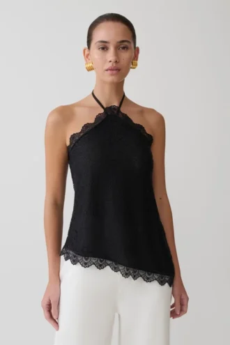 Top halter asimétrico de encaje Theodosia – Negro