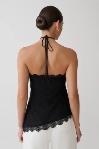 Top halter asimétrico de encaje Theodosia – Negro