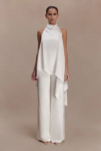 Pantalones de satén de corte recto Sydney – Marfil