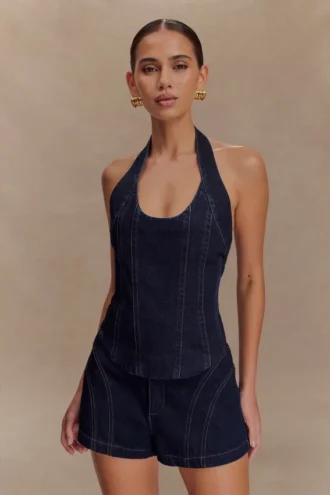 Top halter con corsé de Denim Meadow – Azul índigo