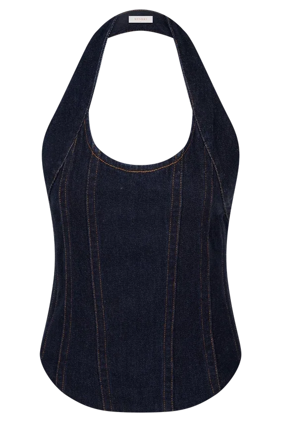 Top halter con corsé de Denim Meadow – Azul índigo Top halter con corsé de Denim Meadow – Azul índigo