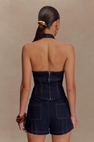 Top halter con corsé de Denim Meadow – Azul índigo