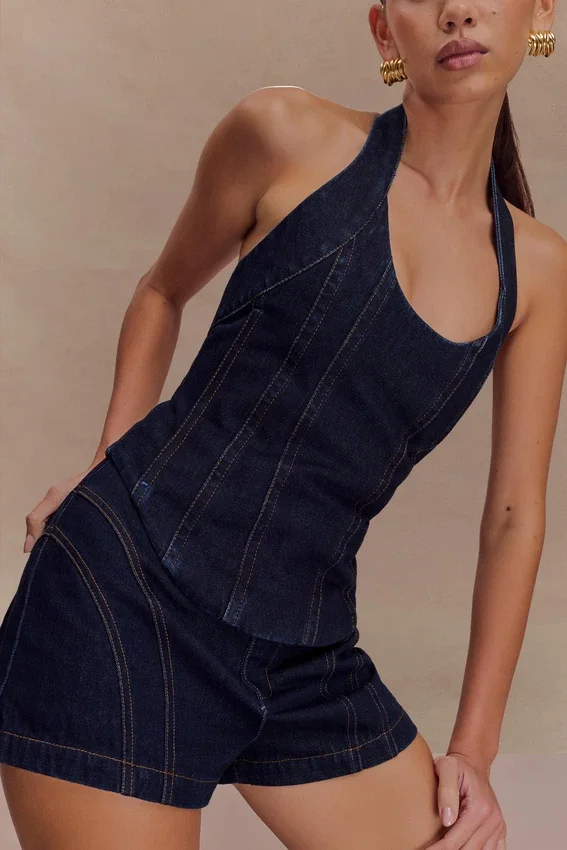 Top halter con corsé de Denim Meadow – Azul índigo Top halter con corsé de Denim Meadow – Azul índigo