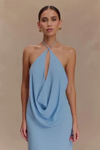 Top halter con cuello cowl de gasa Katalina – Azul cielo Top halter con cuello cowl de gasa Katalina – Azul cielo