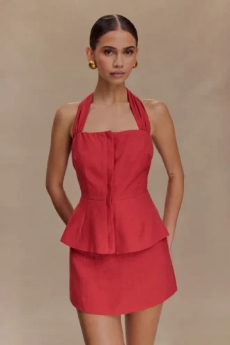 Top halter con peplum de lino Kallie – Rosa quemado Top halter con peplum de lino Kallie – Rosa quemado